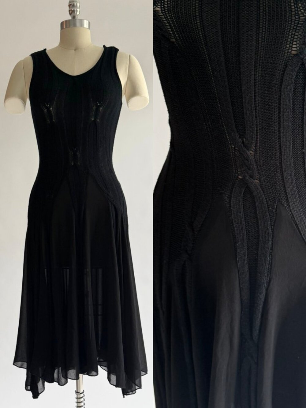 Vintage Lulu M Paris 90s Gothic Midi Dress Mixed Media Knit Sheer Black S